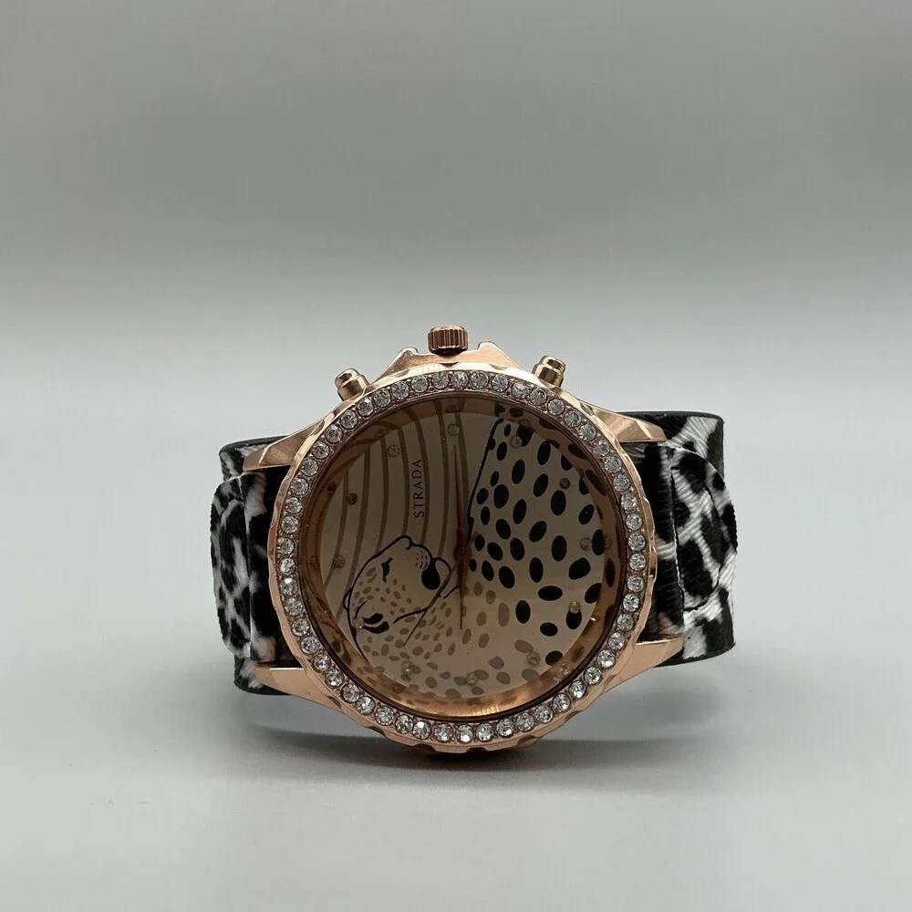 Strada Womens Watch 48mm Cheetah Dial Crystals Animal Print Band New Battery